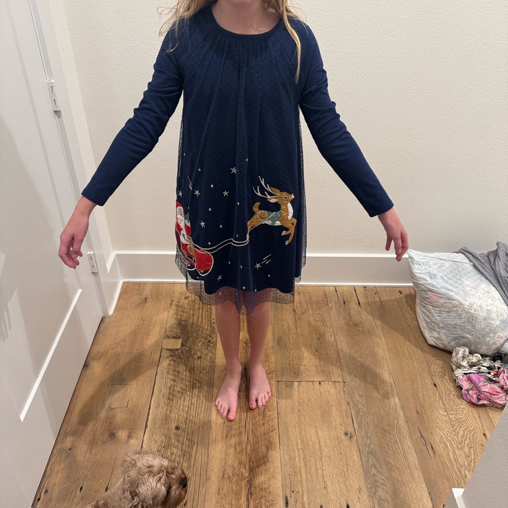 Mini Boden Navy Dress with Santa and Reindeer Design